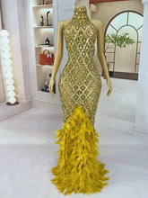 Luxury Shining Gold Rhinestones Feather Sexy Mesh Long Dress Women Birthday Evening Red Carpet Fashion Show Gown Stage Costume